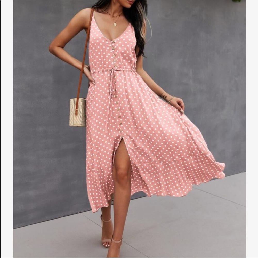 Shein Polka Dot Button Front Flowy Midi Dress Pink Size Large Sleeveless